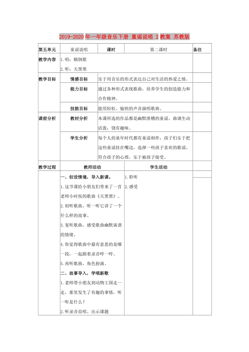 2019-2020年一年级音乐下册 童谣说唱 2教案 苏教版.doc_第1页