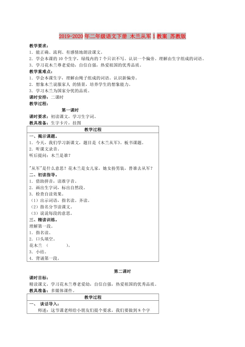 2019-2020年二年级语文下册 木兰从军1教案 苏教版.doc_第1页