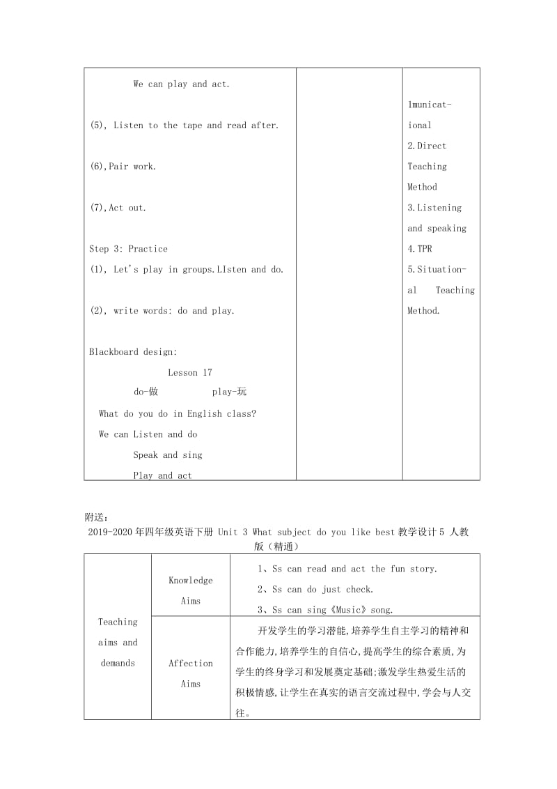 2019-2020年四年级英语下册 Unit 3 What subject do you like best教学设计4 人教版（精通）.doc_第3页