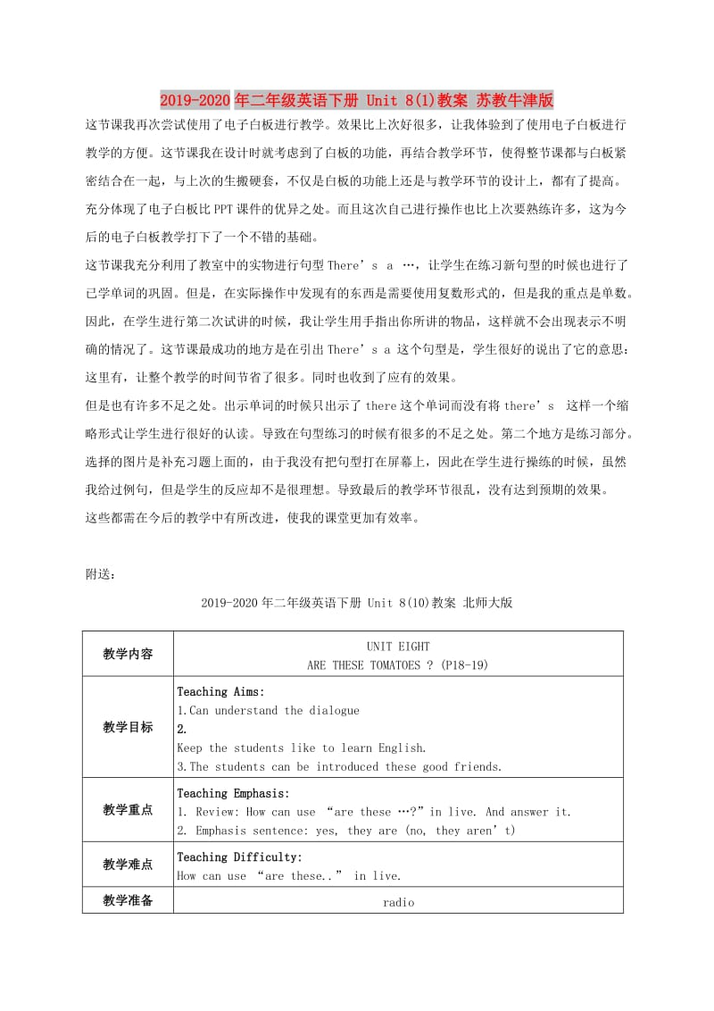 2019-2020年二年级英语下册 Unit 8(1)教案 苏教牛津版.doc_第1页