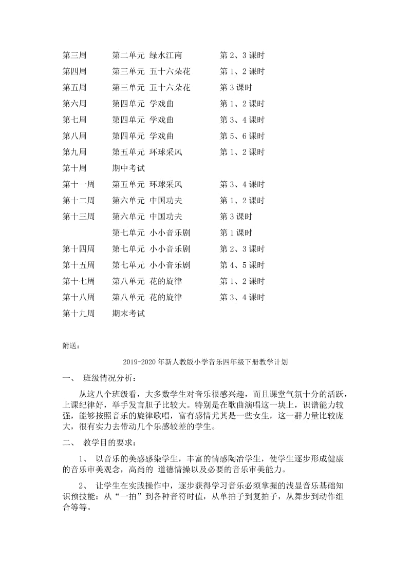 2019-2020年新人教版小学音乐四年级下册教学计划 (2).doc_第2页