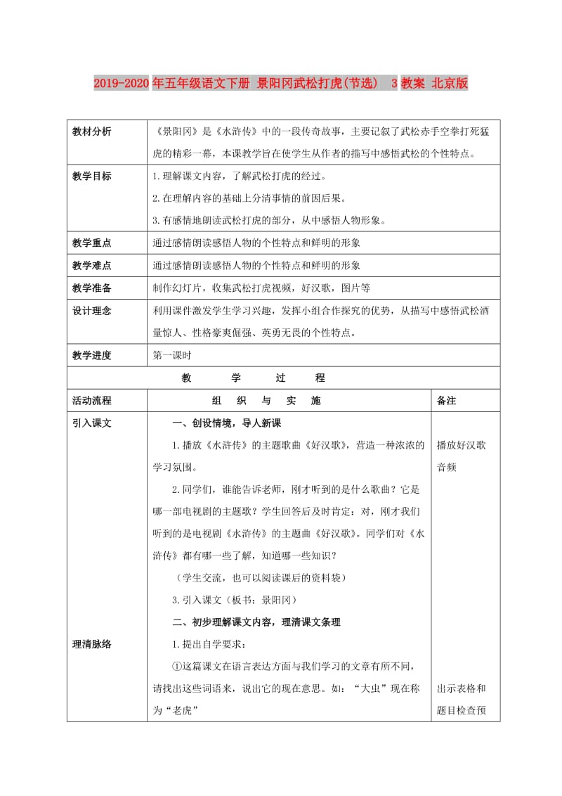 2019-2020年五年级语文下册 景阳冈武松打虎(节选) 3教案 北京版.doc_第1页