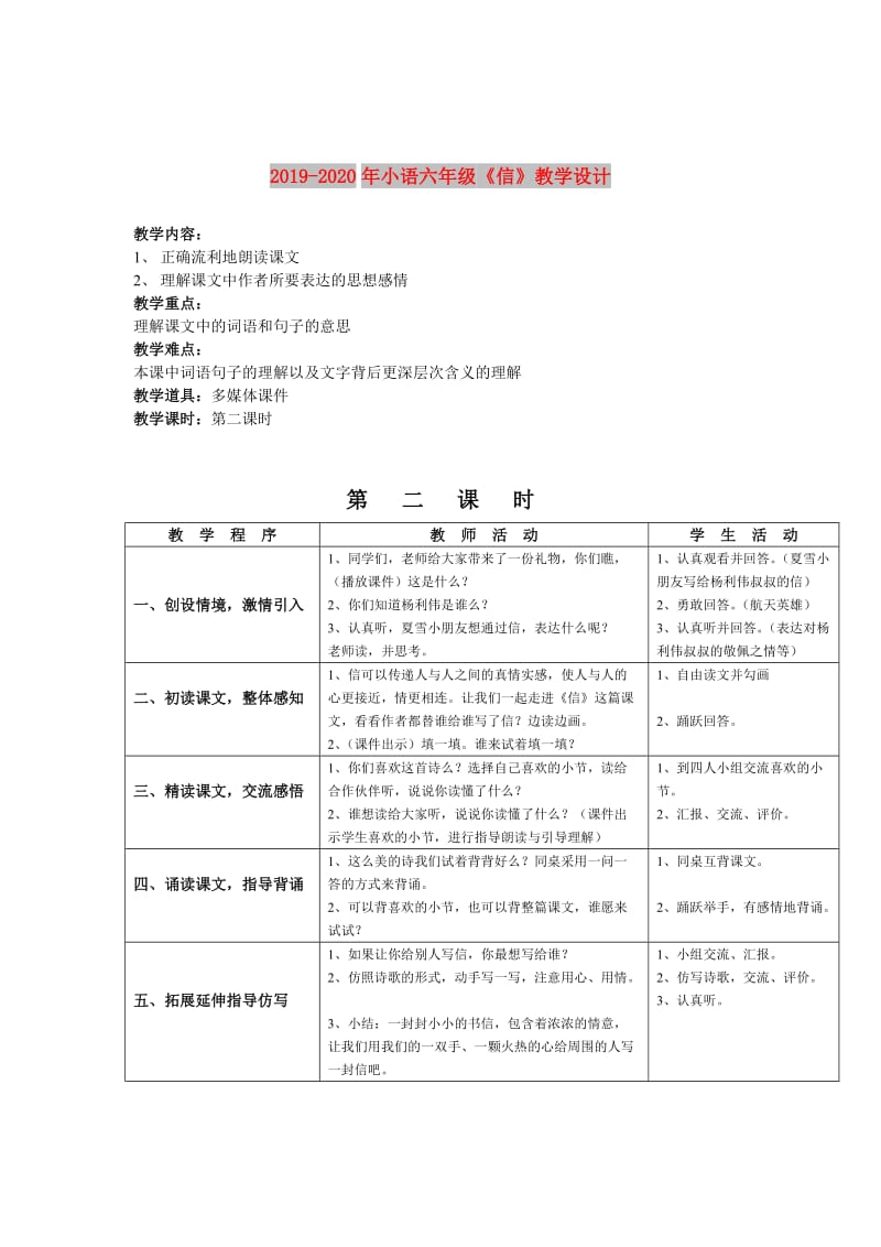 2019-2020年小语六年级《信》教学设计.doc_第1页