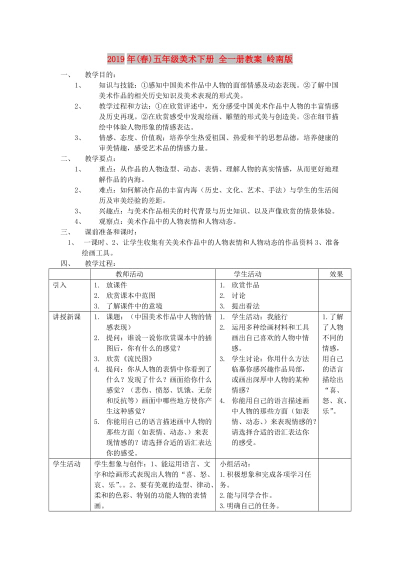 2019年(春)五年级美术下册 全一册教案 岭南版.doc_第1页