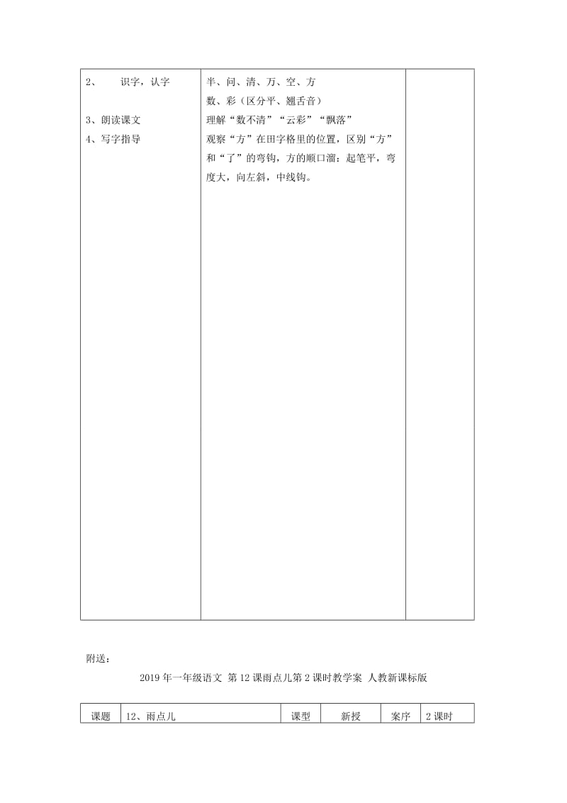 2019年一年级语文 第12课雨点儿第1课时教学案 人教新课标版.doc_第2页