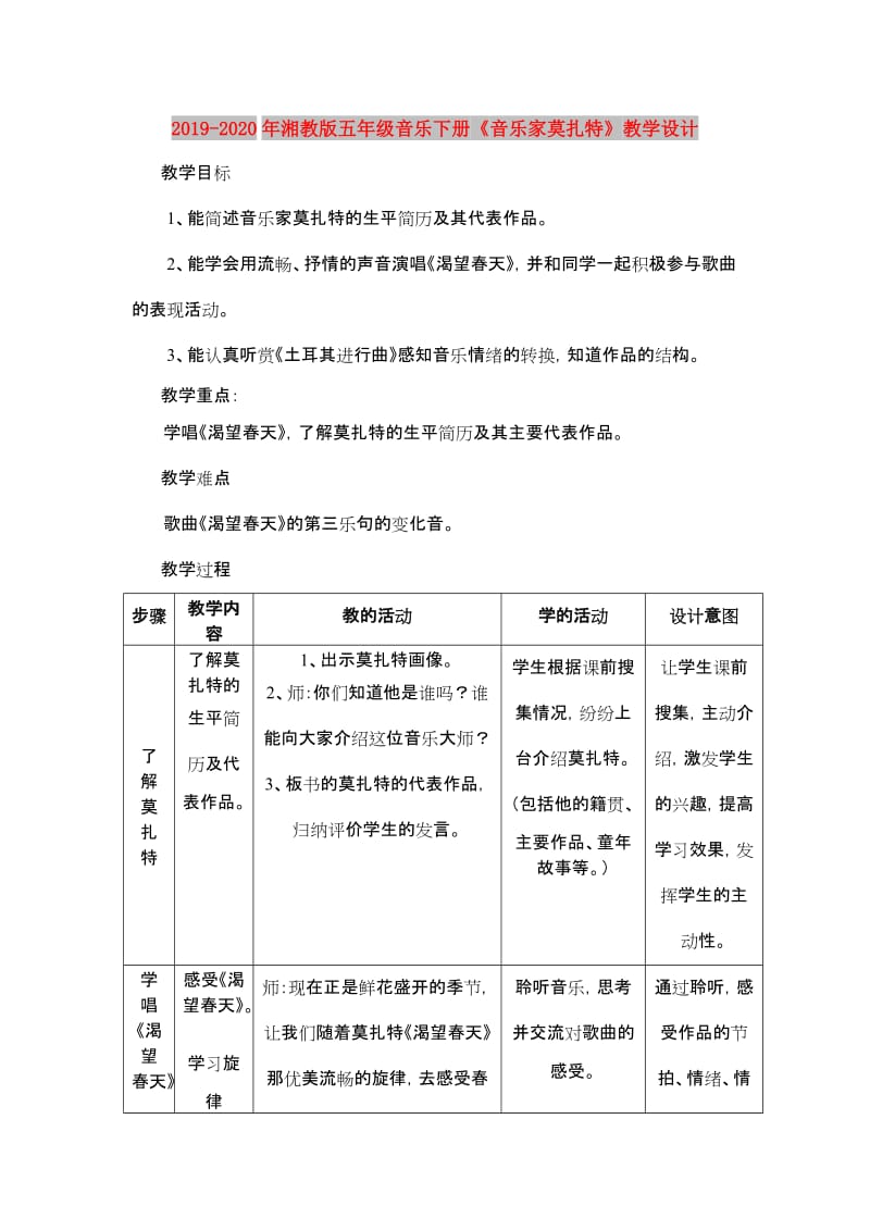 2019-2020年湘教版五年级音乐下册《音乐家莫扎特》教学设计.doc_第1页