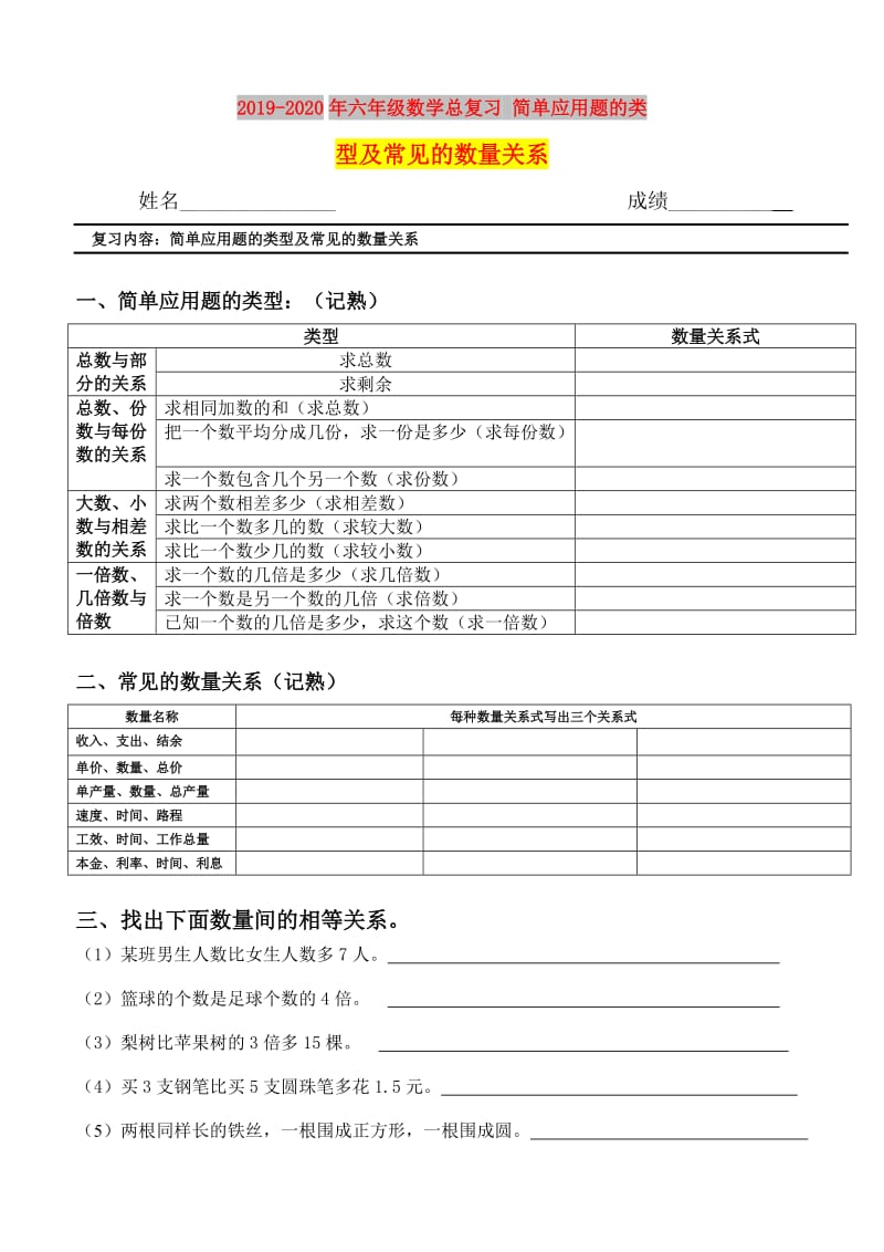 2019-2020年六年级数学总复习 简单应用题的类型及常见的数量关系.doc_第1页