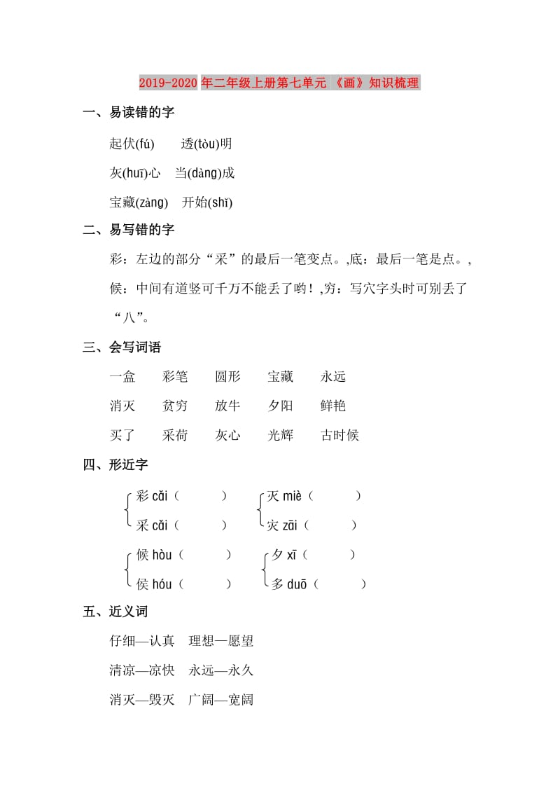 2019-2020年二年级上册第七单元《画》知识梳理.doc_第1页