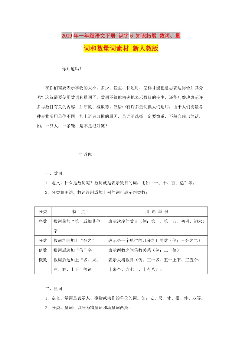 2019年一年级语文下册 识字6 知识拓展 数词、量词和数量词素材 新人教版.doc_第1页