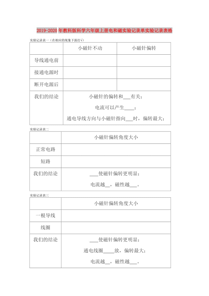 2019-2020年教科版科学六年级上册电和磁实验记录单实验记录表格.doc_第1页