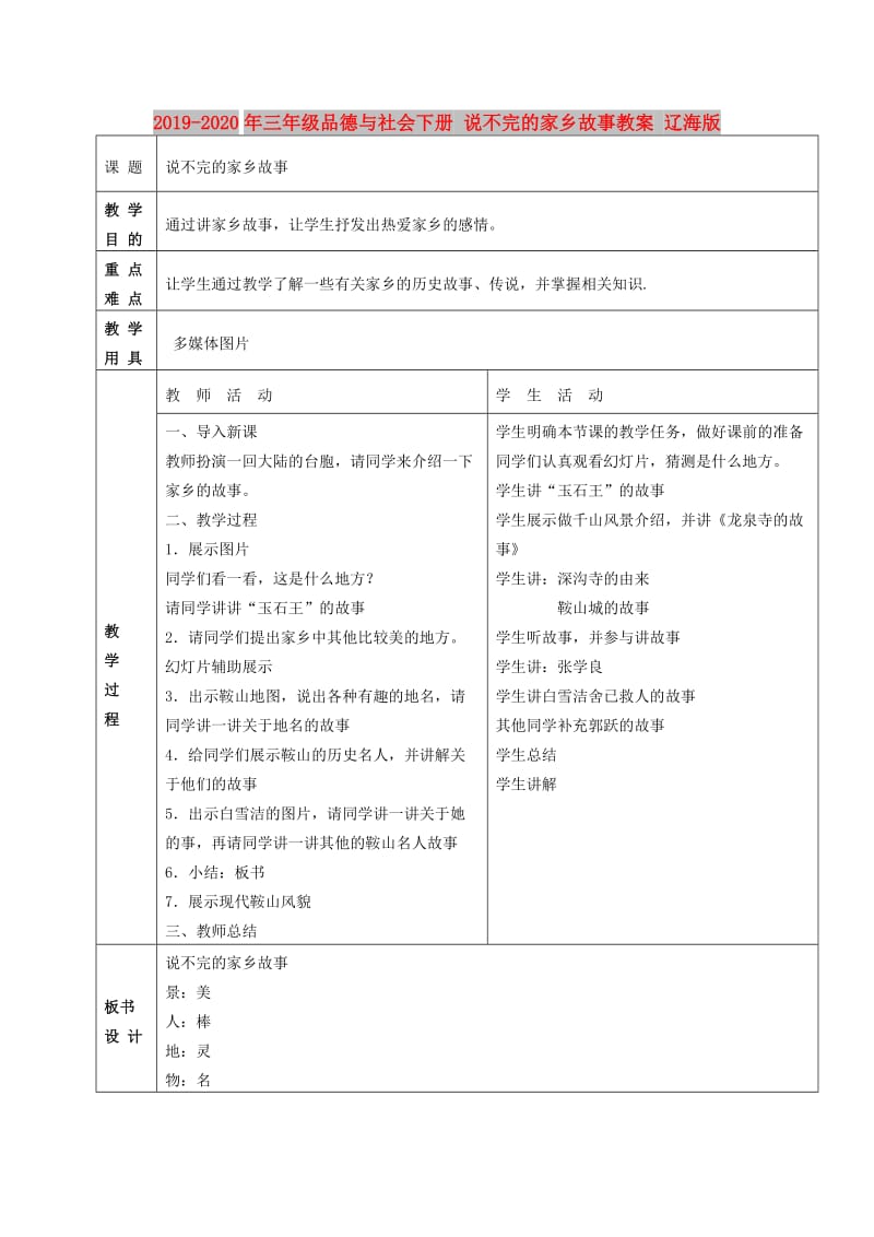 2019-2020年三年级品德与社会下册 说不完的家乡故事教案 辽海版.doc_第1页