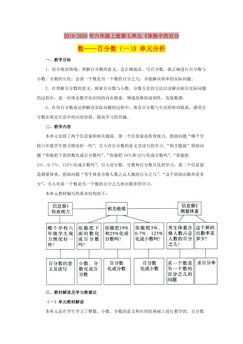 2019-2020年六年级上册第七单元《体检中的百分数——百分数（一）》单元分析.doc_第1页