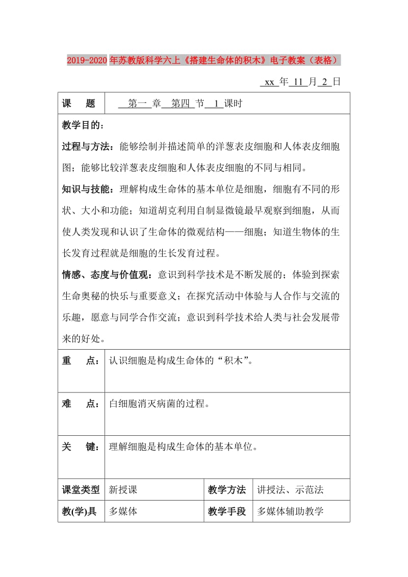 2019-2020年苏教版科学六上《搭建生命体的积木》电子教案（表格）.doc_第1页