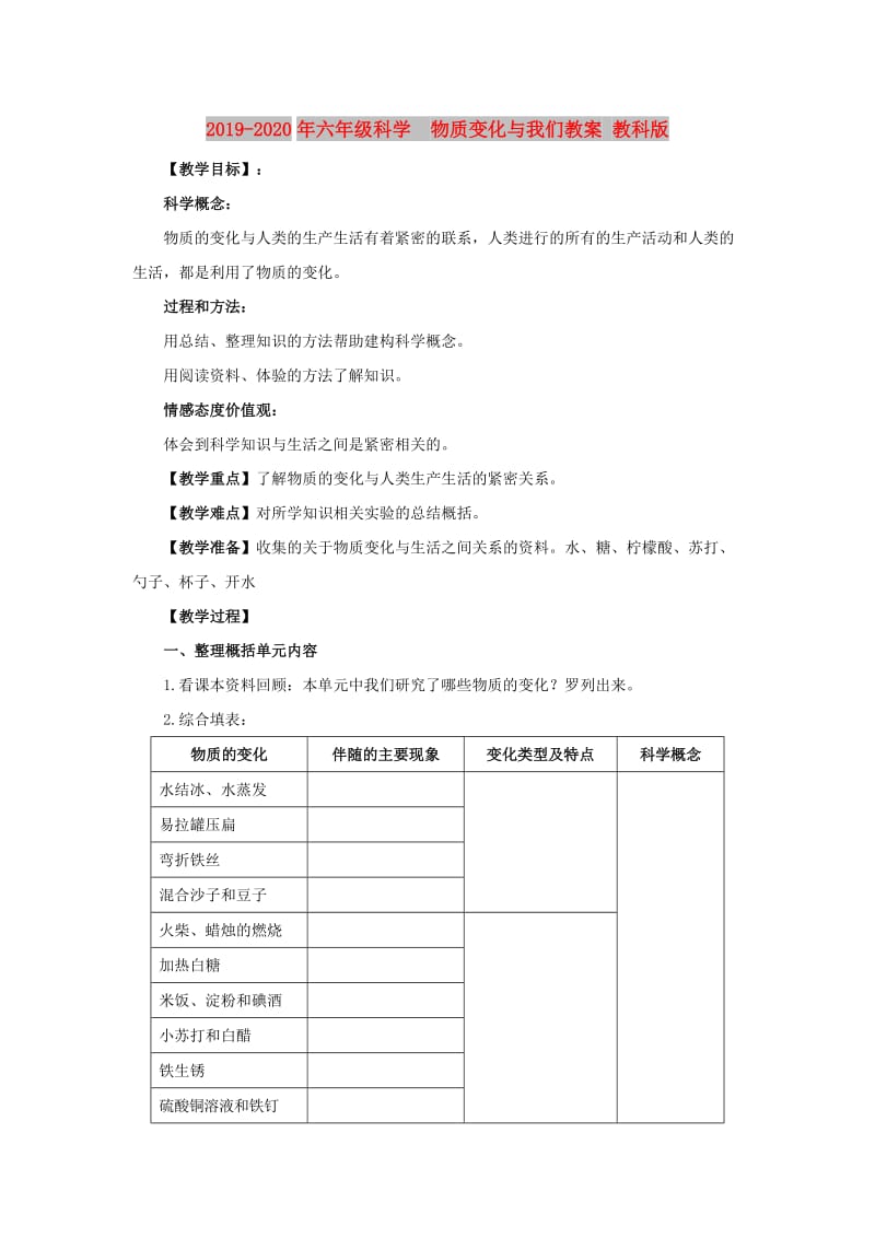 2019-2020年六年级科学 物质变化与我们教案 教科版.doc_第1页