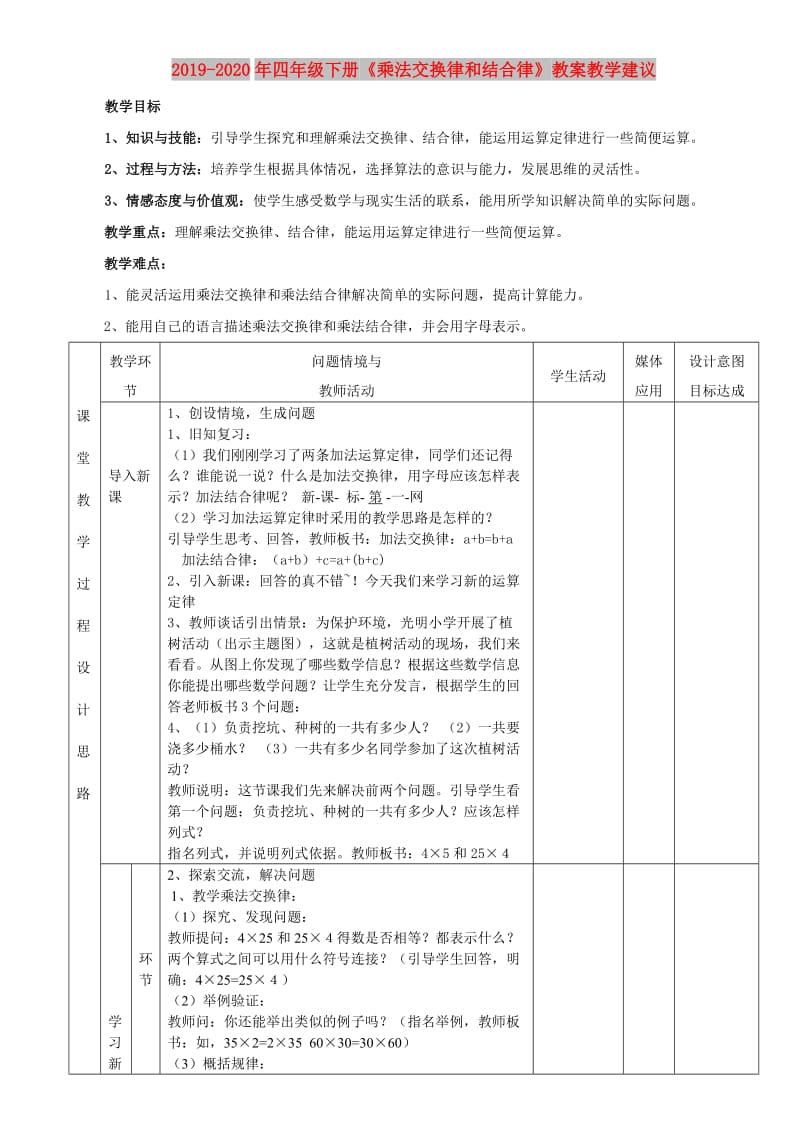 2019-2020年四年级下册《乘法交换律和结合律》教案教学建议.doc_第1页