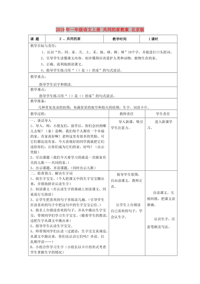 2019年一年级语文上册 共同的家教案 北京版.doc_第1页