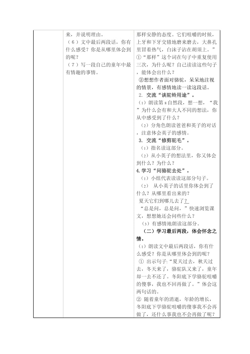 2019-2020年人教版语文五年级下册《冬阳童年骆驼队》表格式导学教案附教学反思.doc_第2页