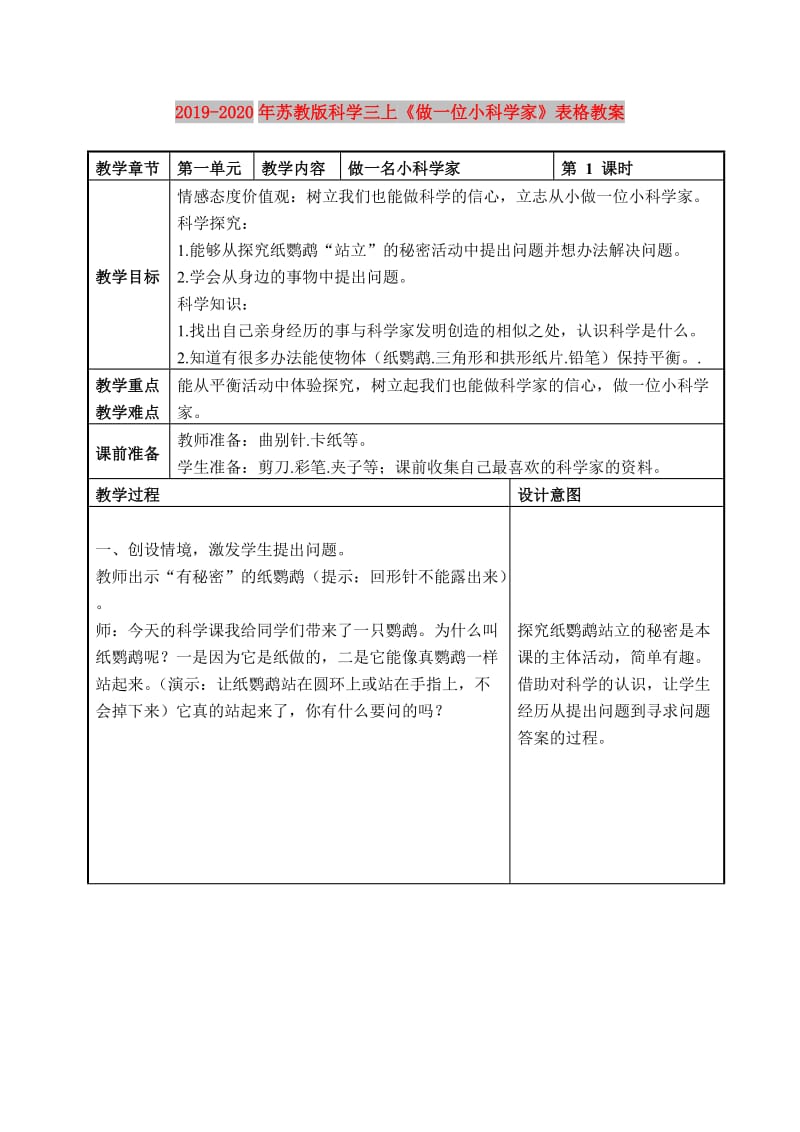 2019-2020年苏教版科学三上《做一位小科学家》表格教案.doc_第1页