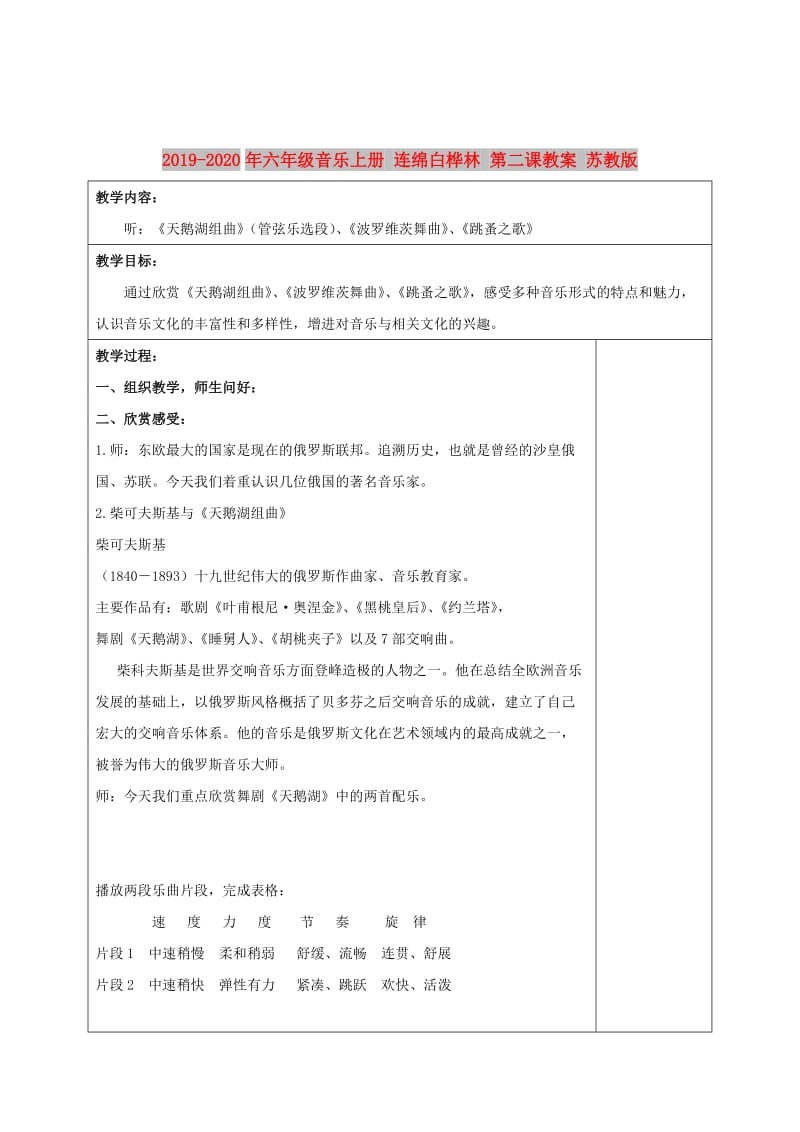 2019-2020年六年级音乐上册 连绵白桦林 第二课教案 苏教版.doc_第1页