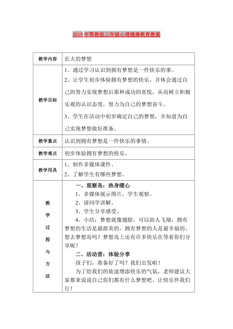 2019年鄂教版三年级心理健康教育教案.doc_第1页