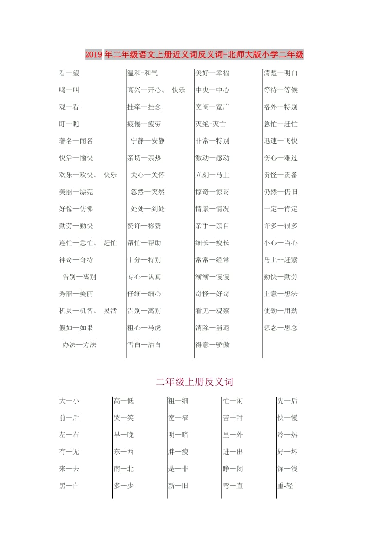 2019年二年级语文上册近义词反义词-北师大版小学二年级.doc_第1页