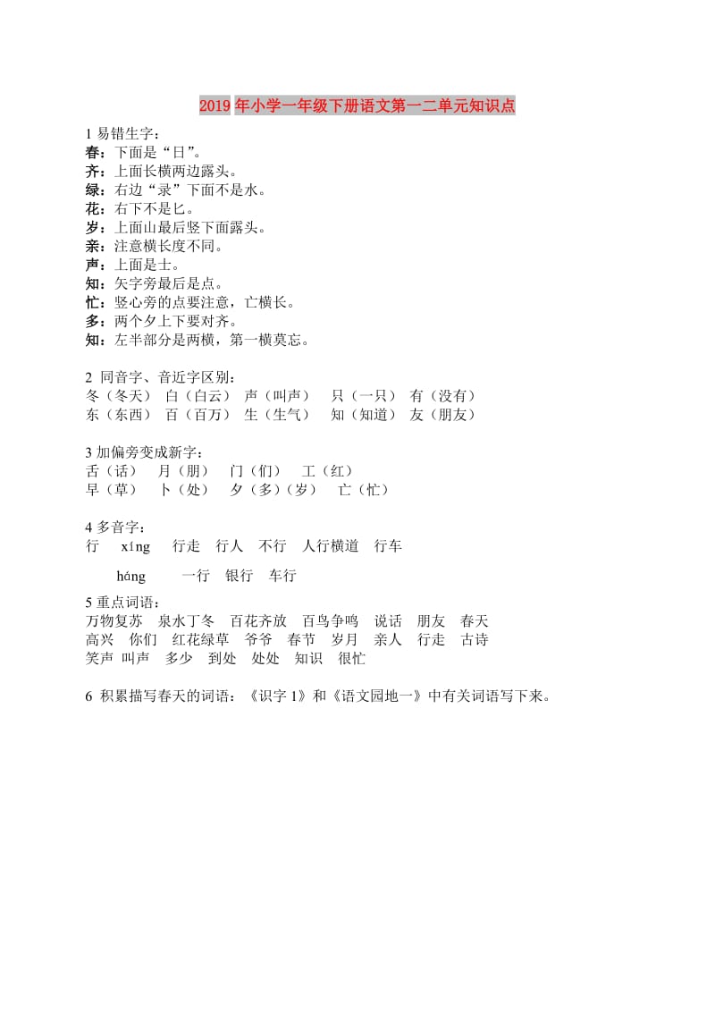 2019年小学一年级下册语文第一二单元知识点.doc_第1页