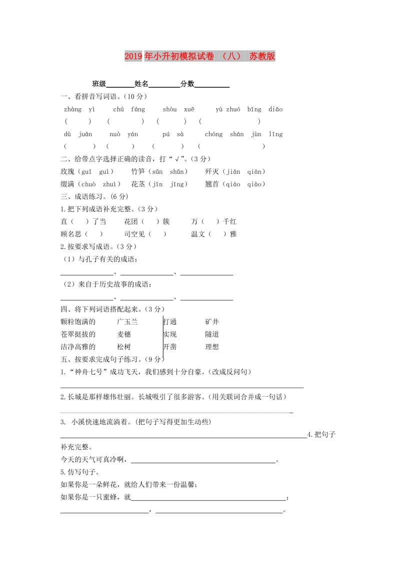 2019年小升初模拟试卷 （八） 苏教版.doc_第1页