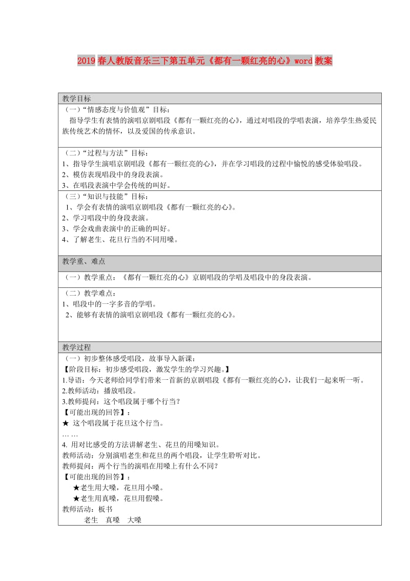 2019春人教版音乐三下第五单元《都有一颗红亮的心》word教案.doc_第1页