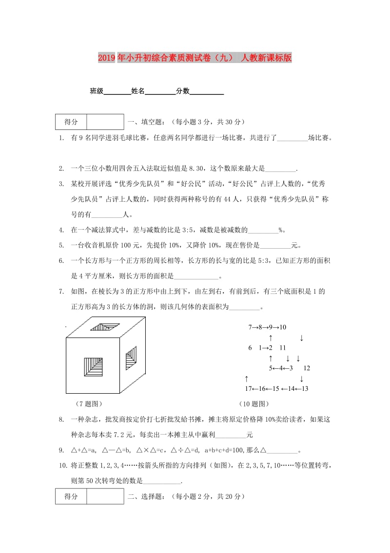 2019年小升初综合素质测试卷（九） 人教新课标版.doc_第1页