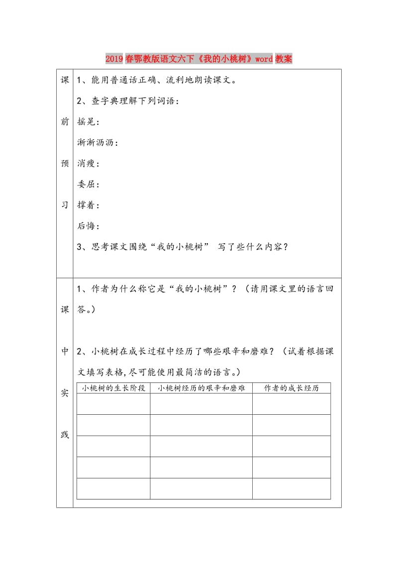 2019春鄂教版语文六下《我的小桃树》word教案.doc_第1页