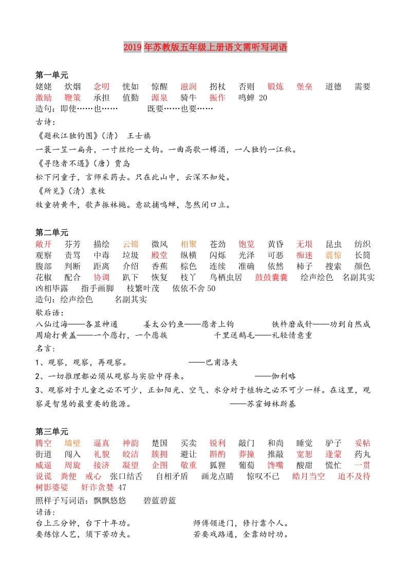 2019年苏教版五年级上册语文需听写词语.doc_第1页