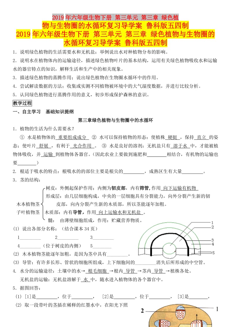 2019年六年级生物下册 第三单元 第三章 绿色植物与生物圈的水循环复习导学案 鲁科版五四制.doc_第1页