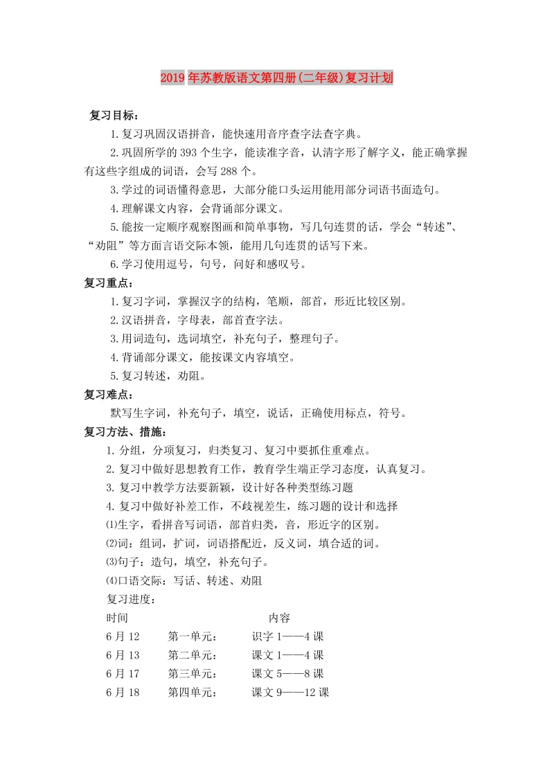 2019年苏教版语文第四册(二年级)复习计划.doc_第1页