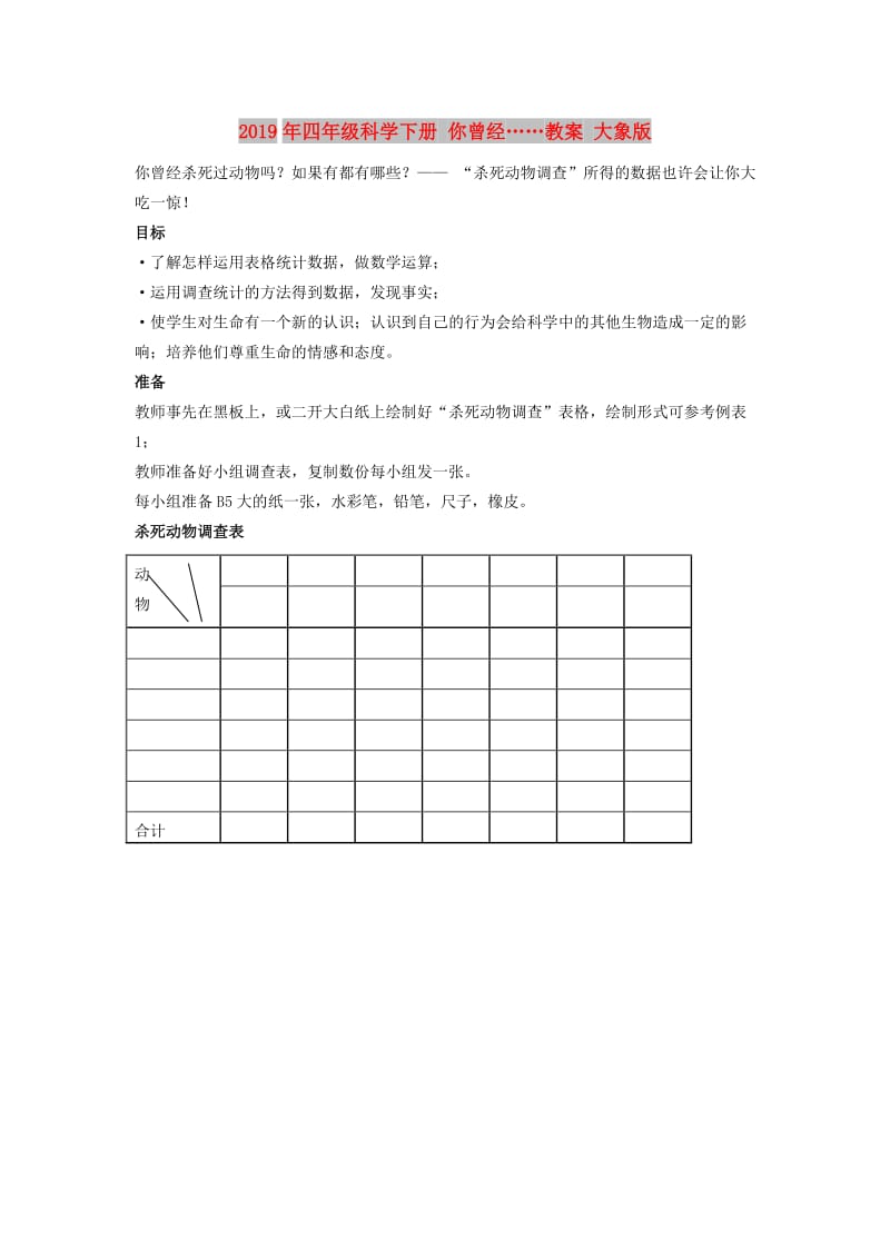 2019年四年级科学下册 你曾经……教案 大象版.doc_第1页