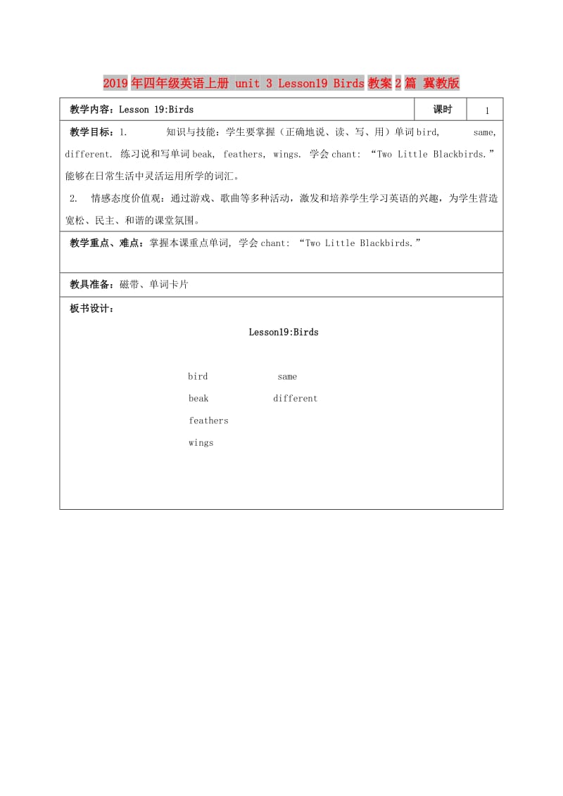 2019年四年级英语上册 unit 3 Lesson19 Birds教案2篇 冀教版.doc_第1页