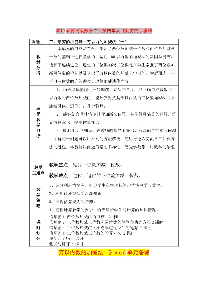 2019春青岛版数学二下第四单元《勤劳的小蜜蜂 万以内数的加减法一》word单元备课.doc_第1页