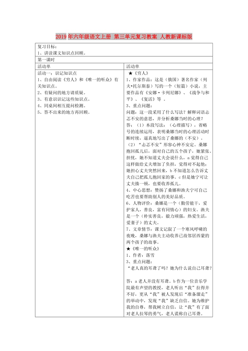 2019年六年级语文上册 第三单元复习教案 人教新课标版.doc_第1页