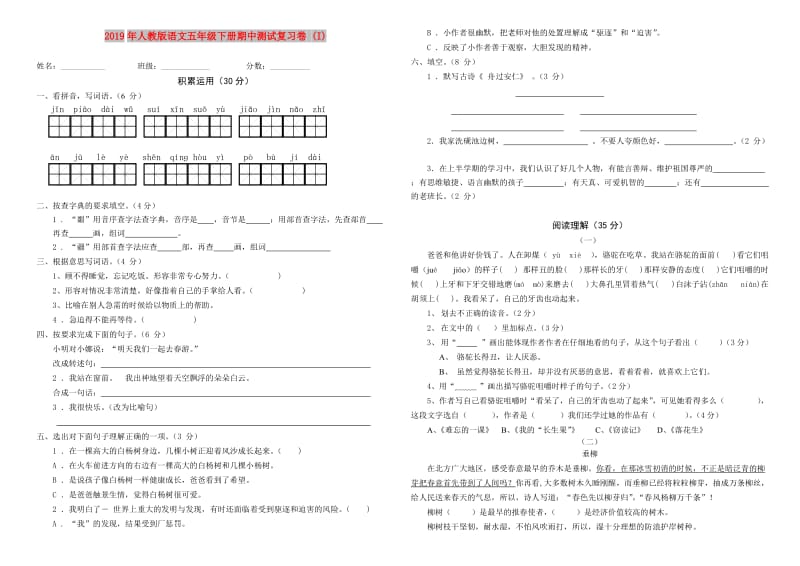 2019年人教版语文五年级下册期中测试复习卷 (I).doc_第1页