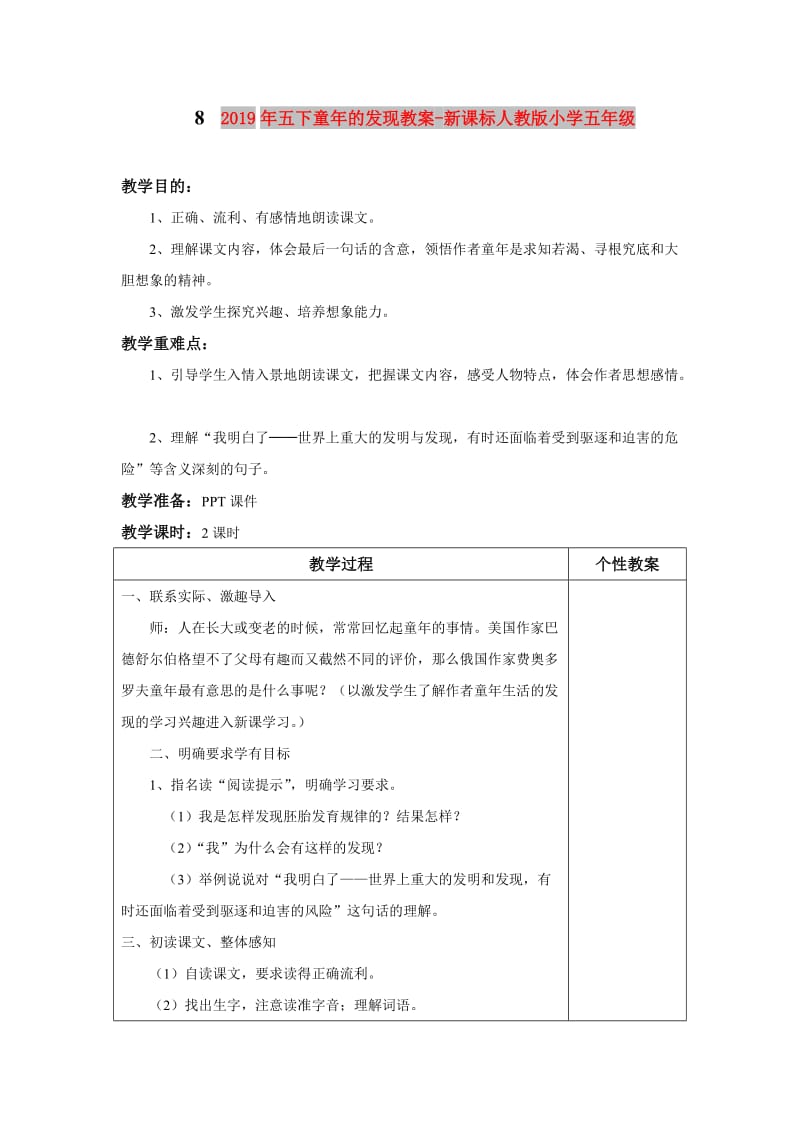 2019年五下童年的发现教案-新课标人教版小学五年级.doc_第1页