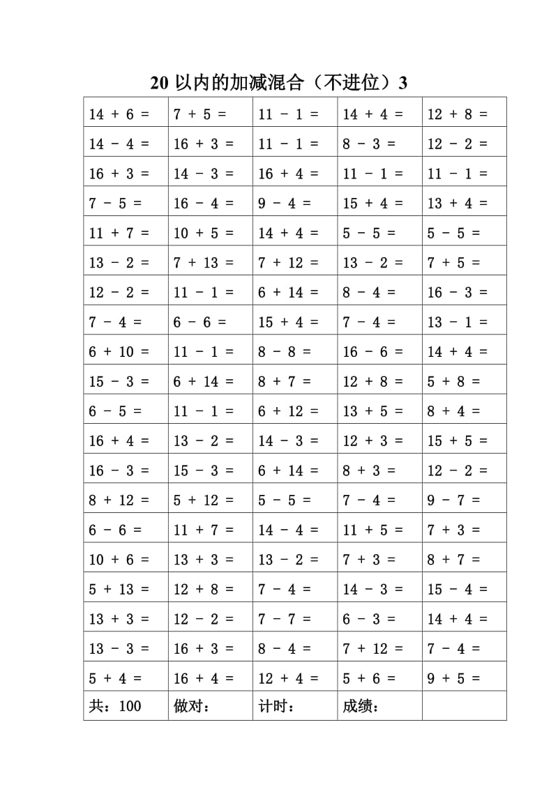 2019年小学一年级口算出题之二(20以内的加减混合不进位).doc_第3页