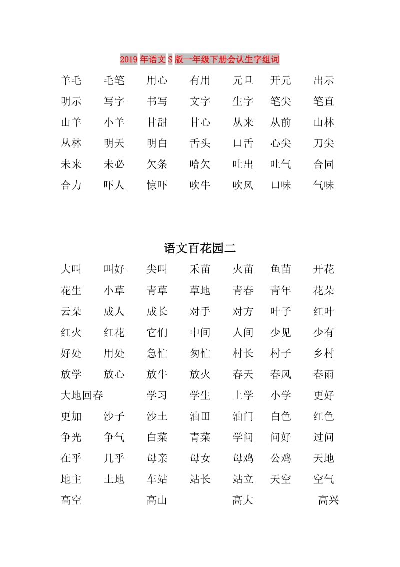 2019年语文S版一年级下册会认生字组词.doc_第1页