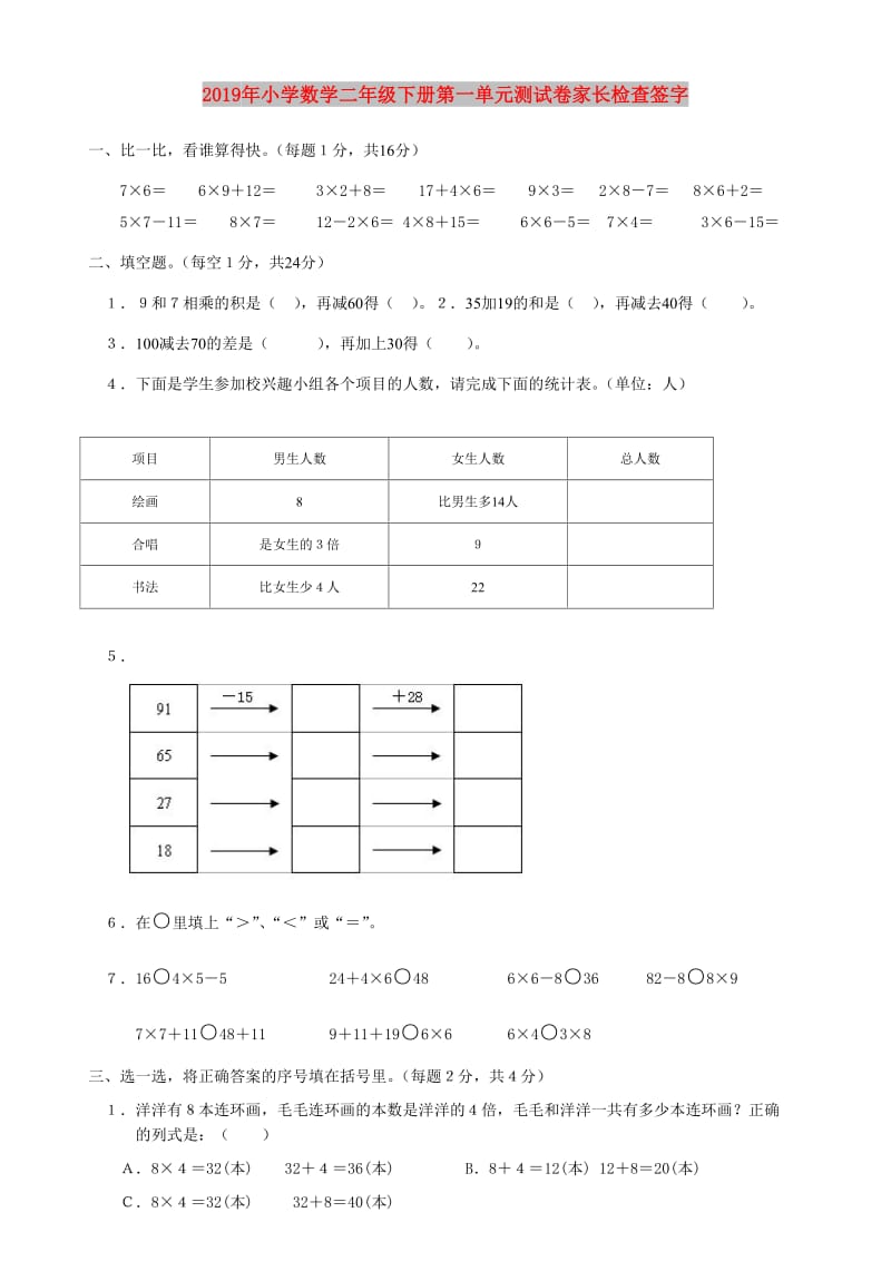 2019年小学数学二年级下册第一单元测试卷家长检查签字.doc_第1页