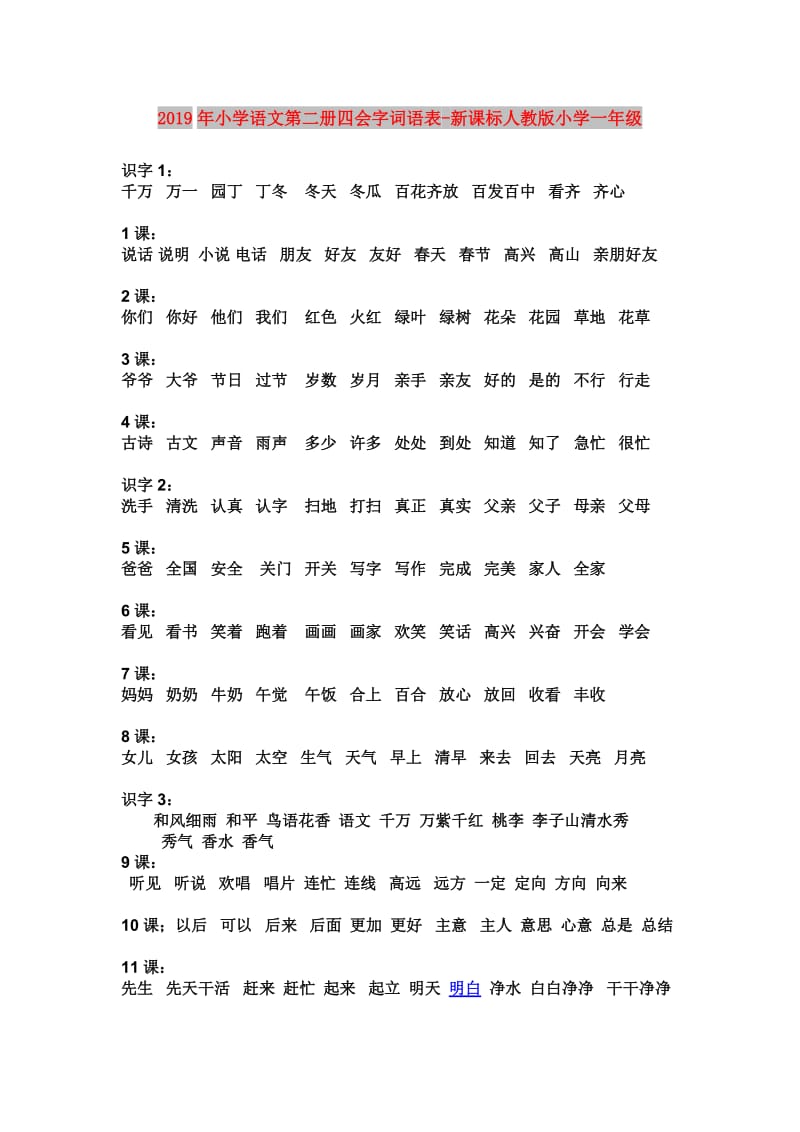 2019年小学语文第二册四会字词语表-新课标人教版小学一年级.doc_第1页