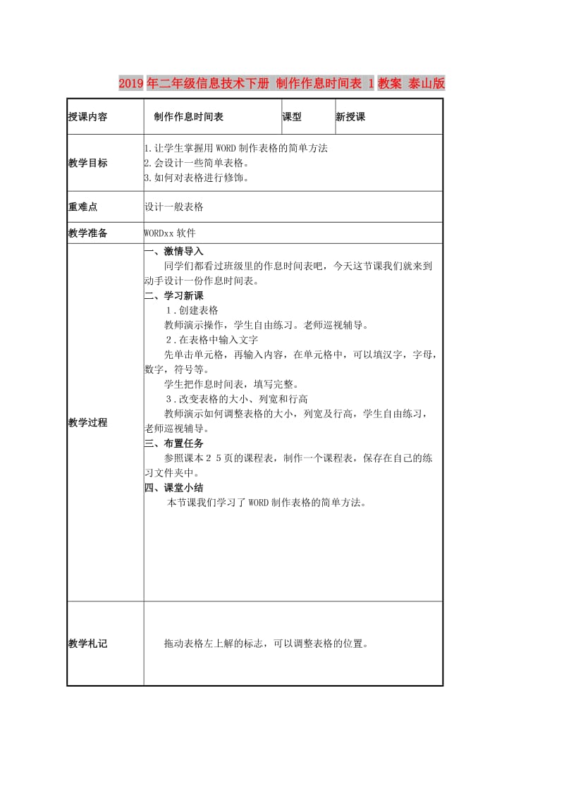 2019年二年级信息技术下册 制作作息时间表 1教案 泰山版.doc_第1页