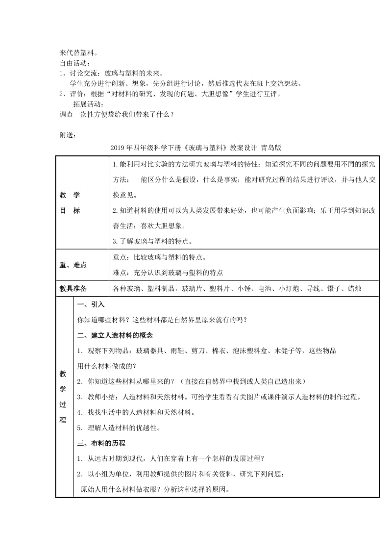 2019年四年级科学下册《玻璃与塑料》教案4 青岛版.doc_第2页