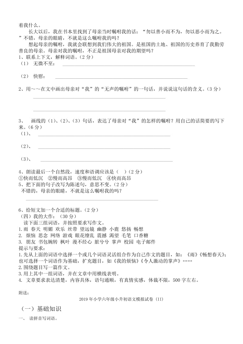 2019年小学六年级小升初语文模拟试卷 (I).doc_第3页