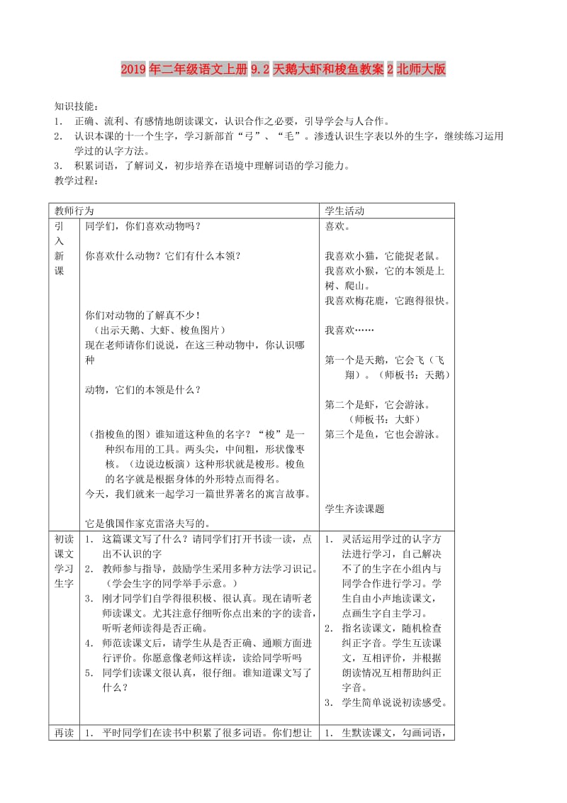 2019年二年级语文上册9.2天鹅大虾和梭鱼教案2北师大版.doc_第1页