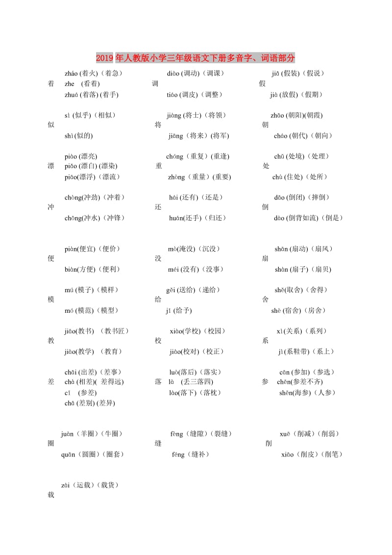 2019年人教版小学三年级语文下册多音字、词语部分.doc_第1页