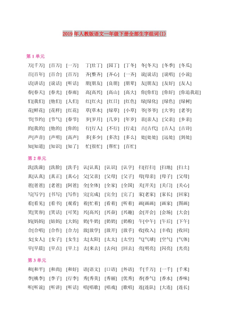 2019年人教版语文一年级下册全部生字组词(I).doc_第1页