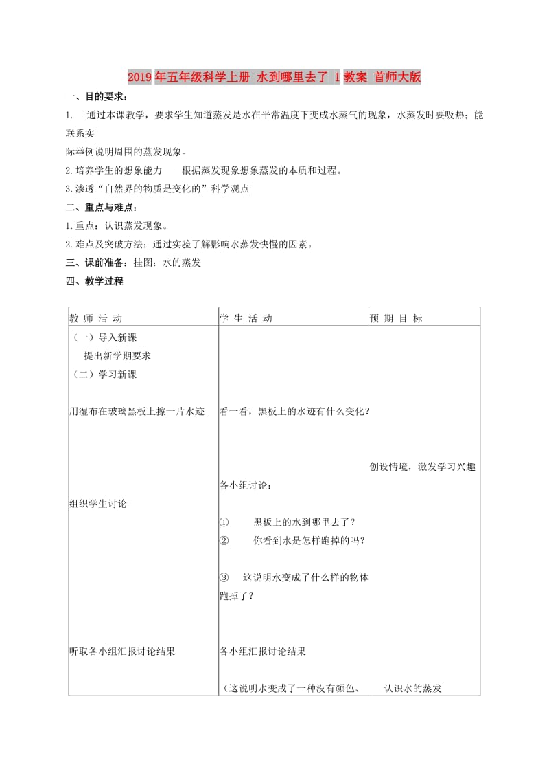 2019年五年级科学上册 水到哪里去了 1教案 首师大版.doc_第1页